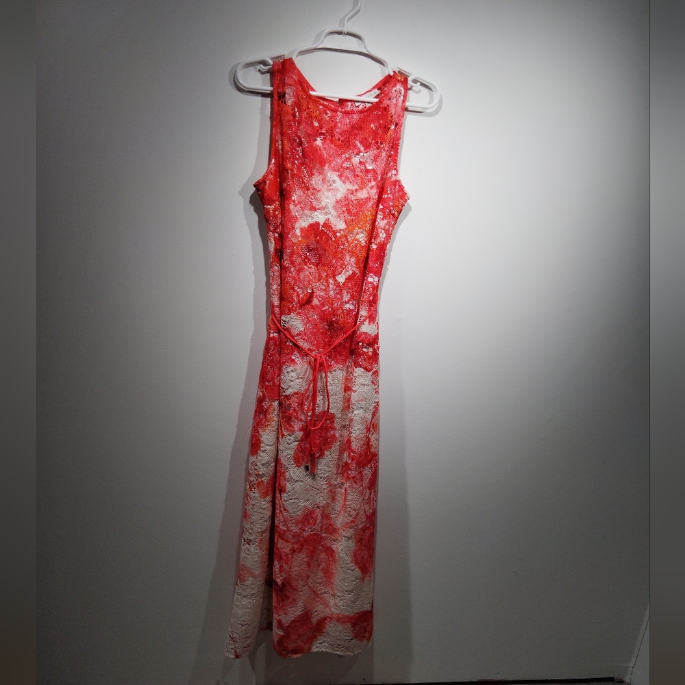 Sandra Darren Red and white open lace dress
